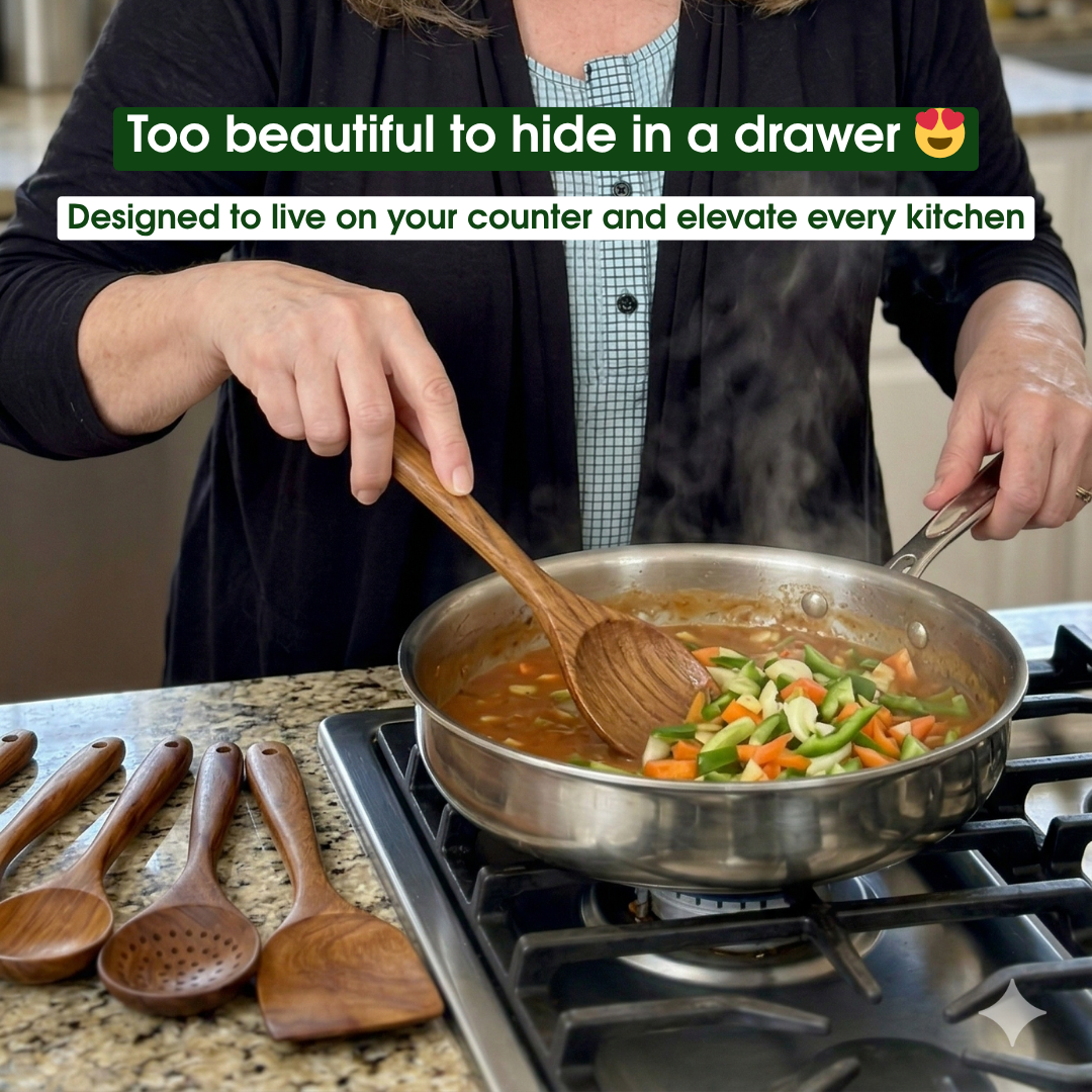 🔥Free Wooden Holder with Today's Order—🏡Small Leaf Acacia Wood Utensil Set—The Safest Choice for Your Family's Kitchen✨️