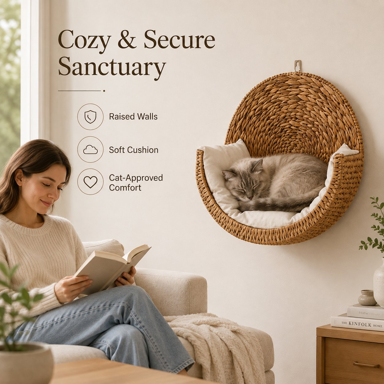 Free Ultra-Soft Removable Cushion with Today's Order🐱 Purrfectly Cozy Handwoven Hanging Cat Bed😻