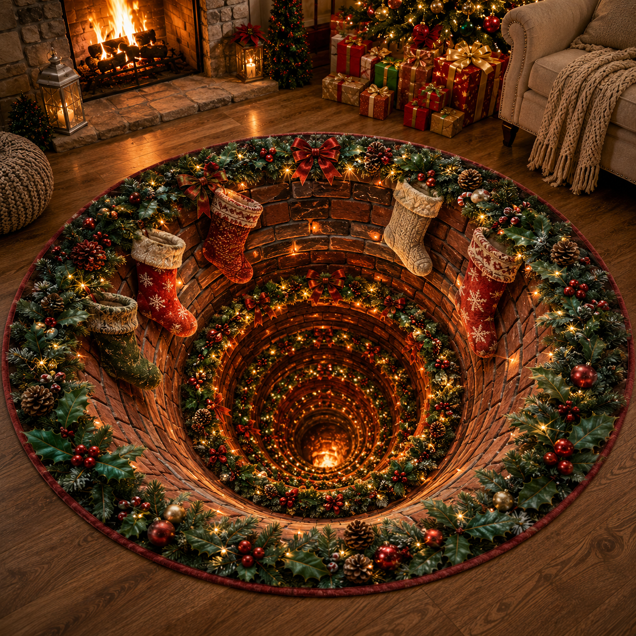 🎅Christmas Early Bird Special Sale 49% OFF-🎄Christmas 3D Vortex Optical Illusion Round Rug, Festive Visual Trap Design