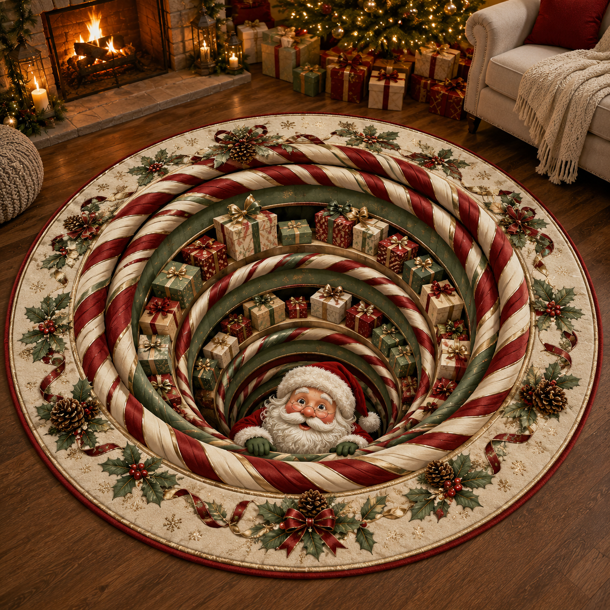 🎅Christmas Early Bird Special Sale 49% OFF-🎄Christmas 3D Vortex Optical Illusion Round Rug, Festive Visual Trap Design