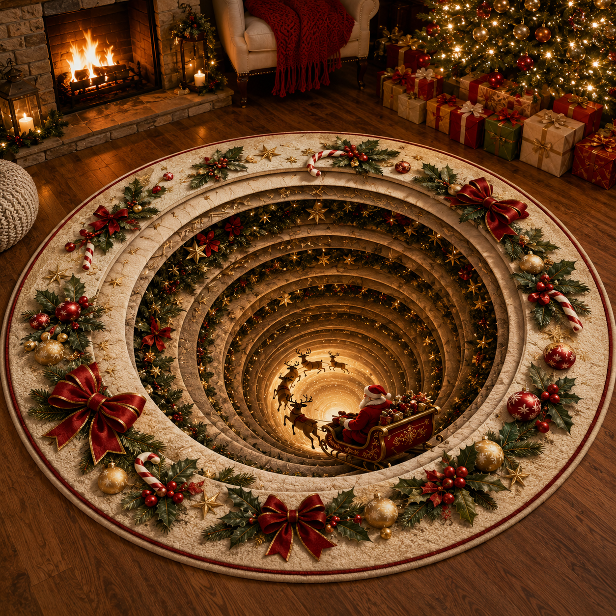 🎅Christmas Early Bird Special Sale 49% OFF-🎄Christmas 3D Vortex Optical Illusion Round Rug, Festive Visual Trap Design