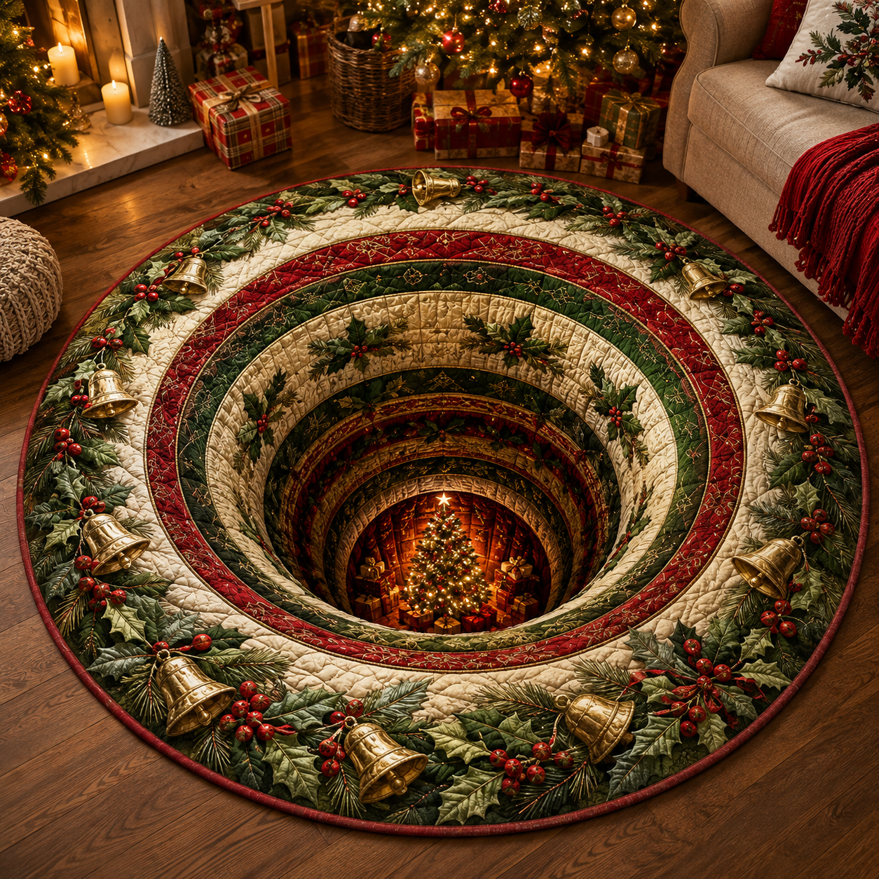 🎅Christmas Early Bird Special Sale 49% OFF-🎄Christmas 3D Vortex Optical Illusion Round Rug, Festive Visual Trap Design