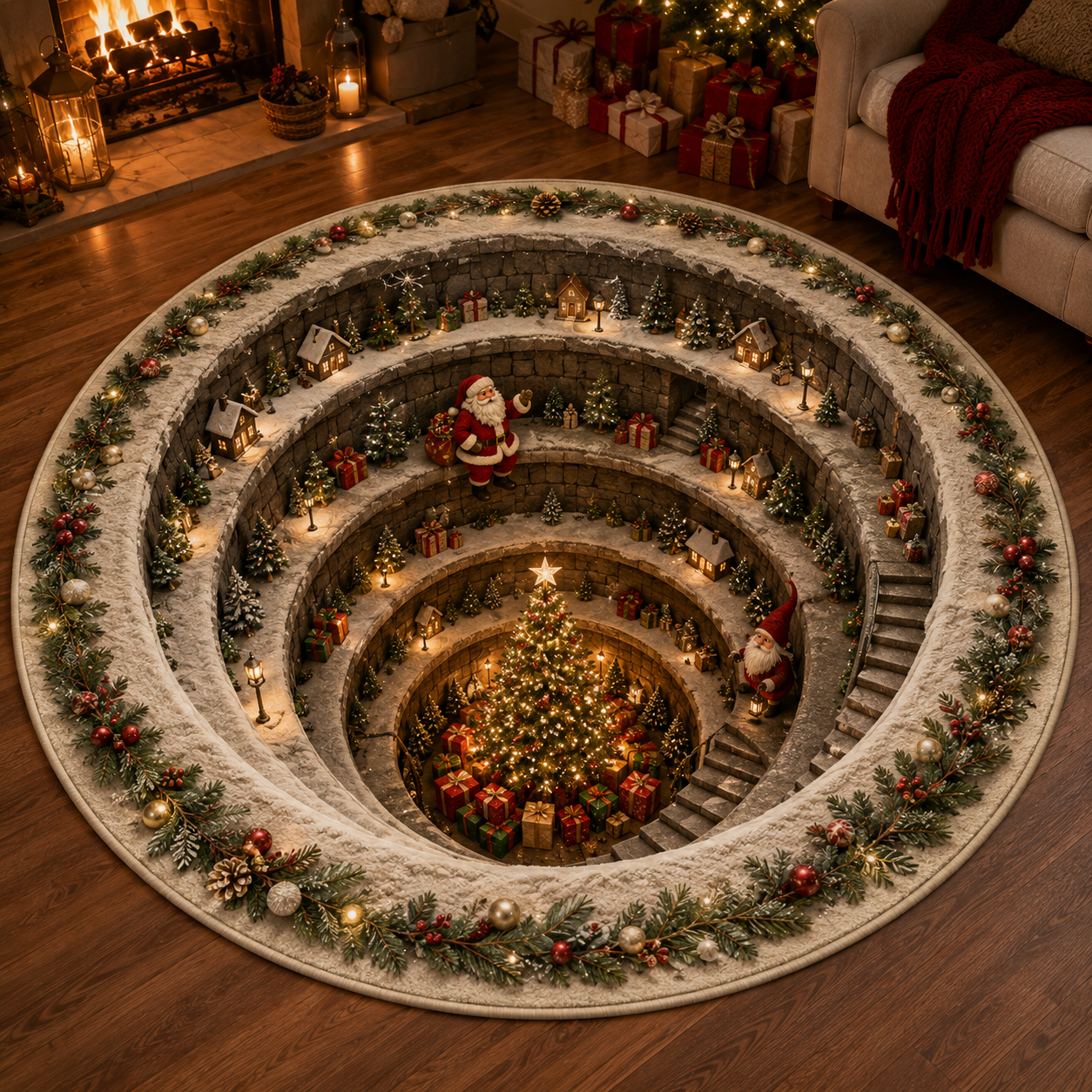 🎅Christmas Early Bird Special Sale 49% OFF-🎄Christmas 3D Vortex Optical Illusion Round Rug, Festive Visual Trap Design