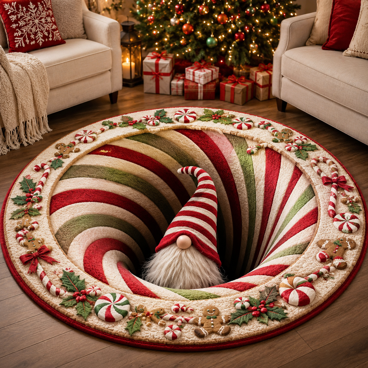 🎅Christmas Early Bird Special Sale 49% OFF-🎄Christmas 3D Vortex Optical Illusion Round Rug, Festive Visual Trap Design