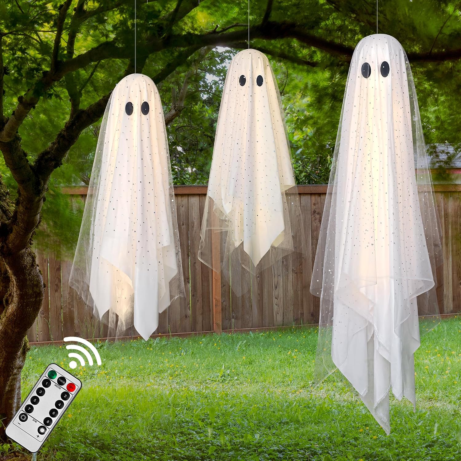 Halloween Decorations Outdoor Indoor-5.3ft Hanging Ghost Decor with a Maple Leaf 6.6ft Swing,Ghost Light