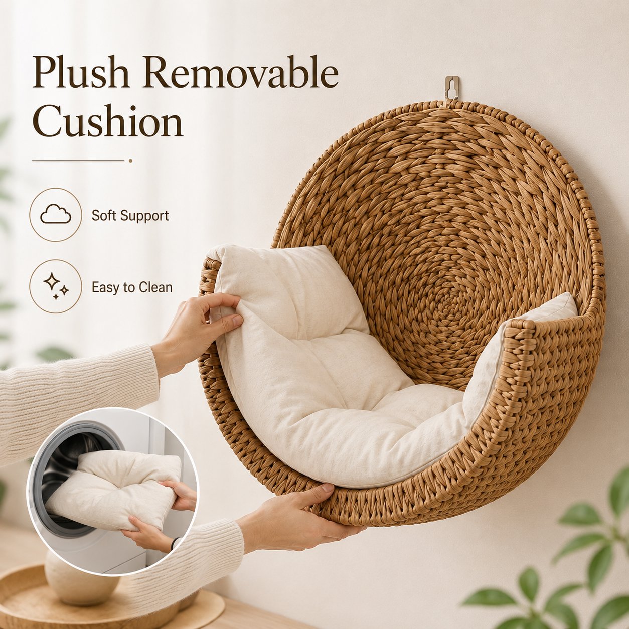 Free Ultra-Soft Removable Cushion with Today's Order🐱 Purrfectly Cozy Handwoven Hanging Cat Bed😻