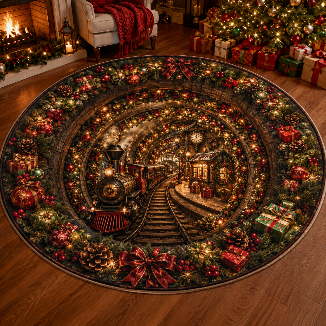 🎅Christmas Early Bird Special Sale 49% OFF-🎄Christmas 3D Vortex Optical Illusion Round Rug, Festive Visual Trap Design