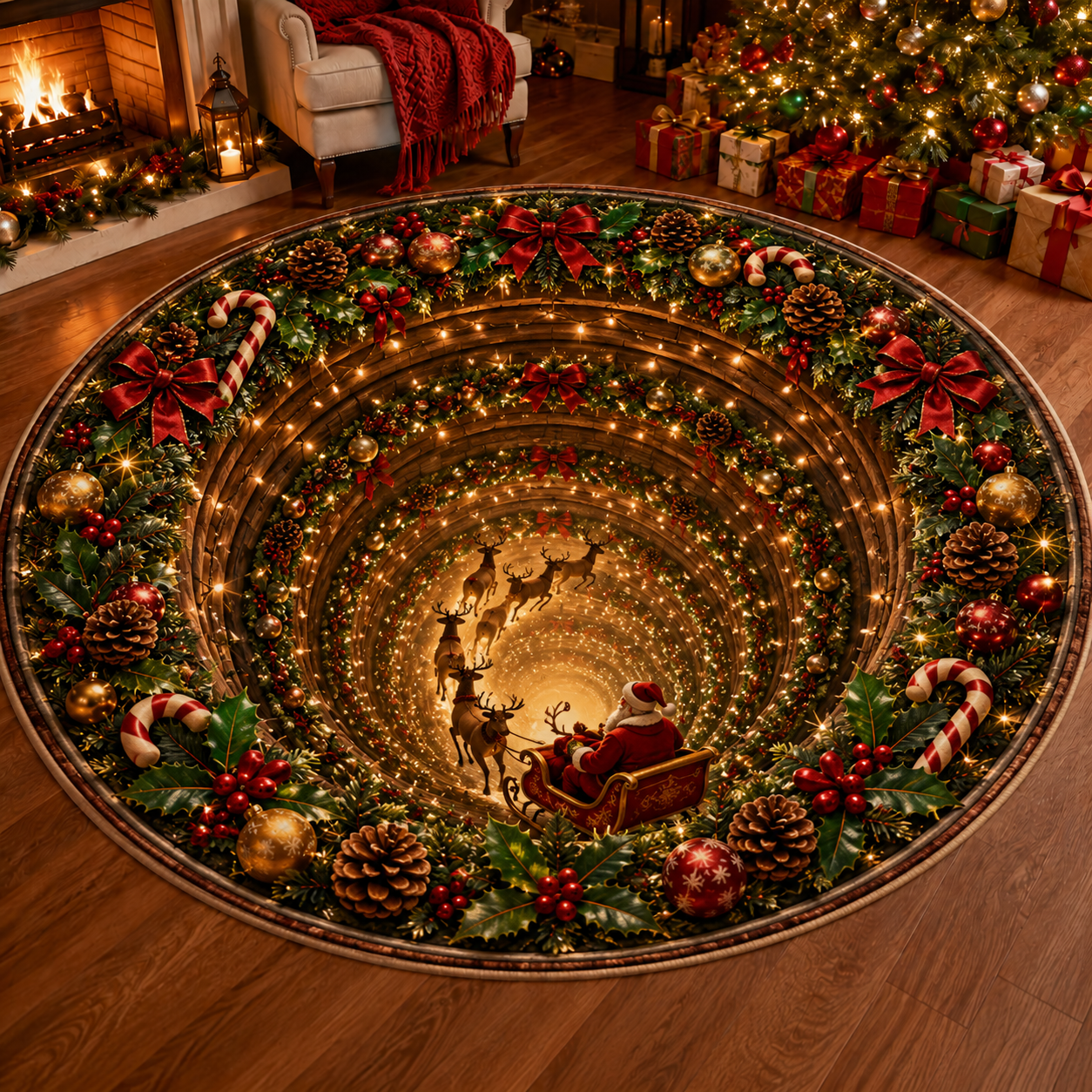 🎅Christmas Early Bird Special Sale 49% OFF-🎄Christmas 3D Vortex Optical Illusion Round Rug, Festive Visual Trap Design