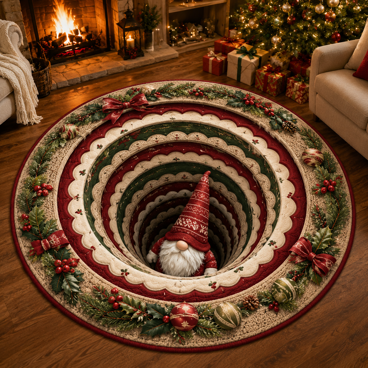 🎅Christmas Early Bird Special Sale 49% OFF-🎄Christmas 3D Vortex Optical Illusion Round Rug, Festive Visual Trap Design