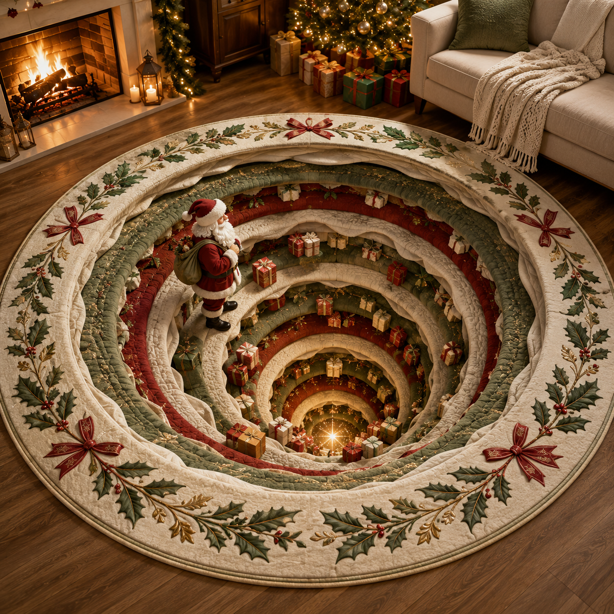 🎅Christmas Early Bird Special Sale 49% OFF-🎄Christmas 3D Vortex Optical Illusion Round Rug, Festive Visual Trap Design