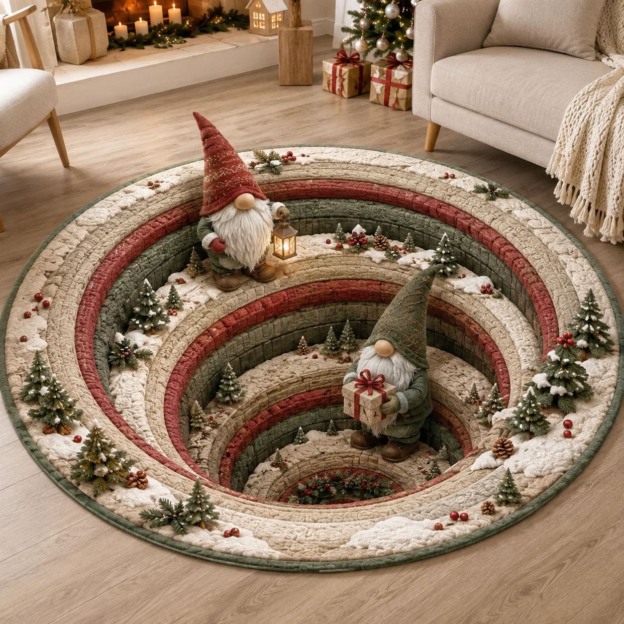 🎅Christmas Early Bird Special Sale 49% OFF-🎄Christmas 3D Vortex Optical Illusion Round Rug, Festive Visual Trap Design