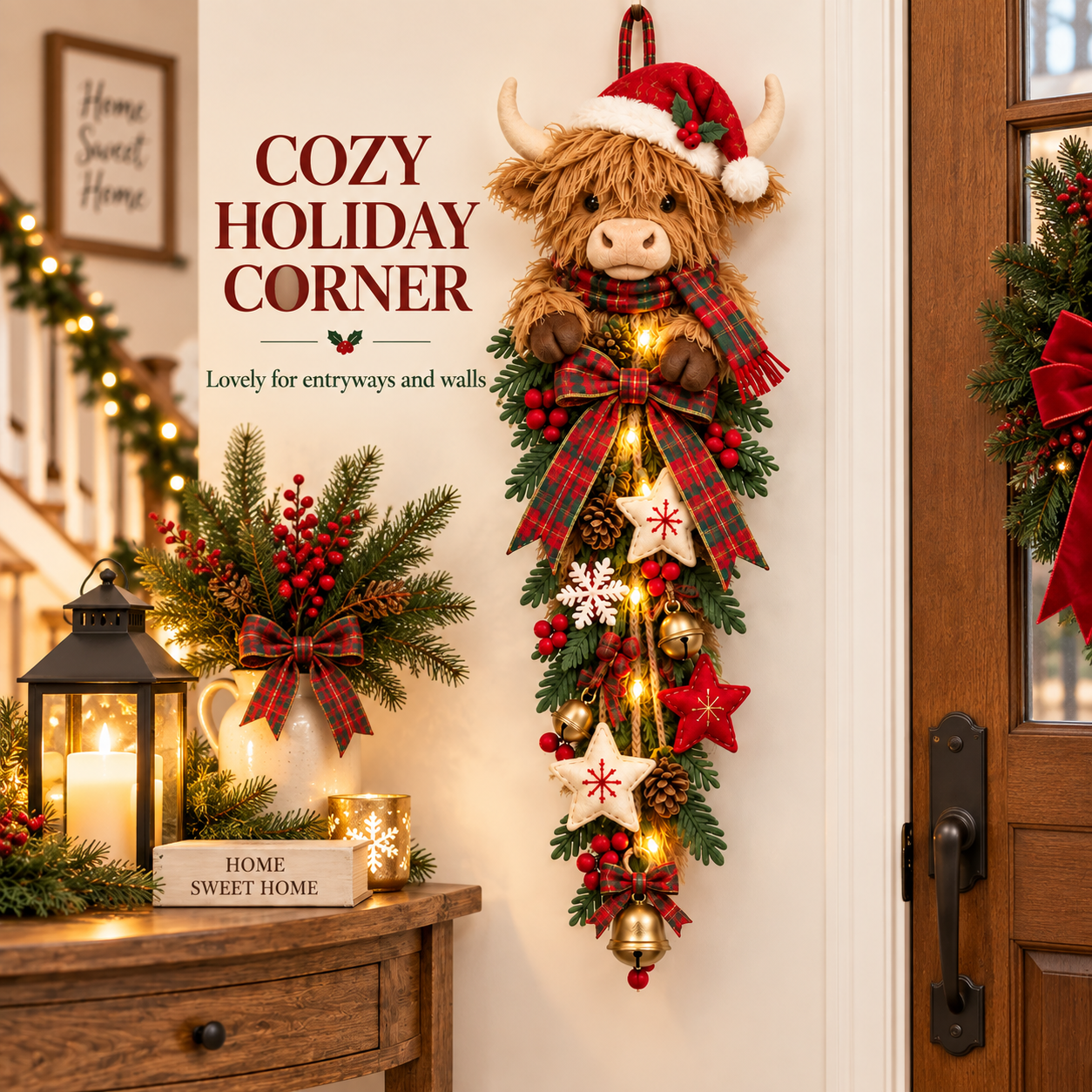 🎅Christmas Early Bird Special Sale 49% OFF – 🎄 Lighted Highland Cow Christmas Door Swag – A Cozy Holiday Welcome✨️