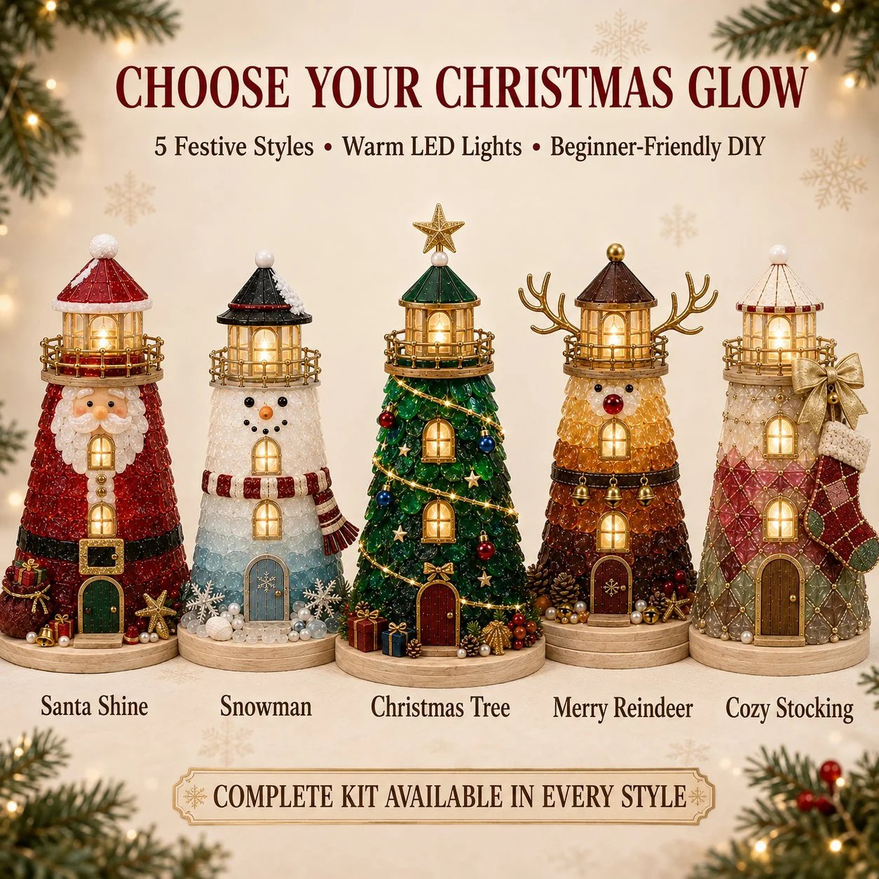 🎄Beginner-Friendly DIY Lighted Christmas Character Sea Glass-Style Lighthouse Kit Collection | 💡Complete Kit with Sea Glass-Style Pieces, LED Lights & Step-by-Step Guide Included 💕