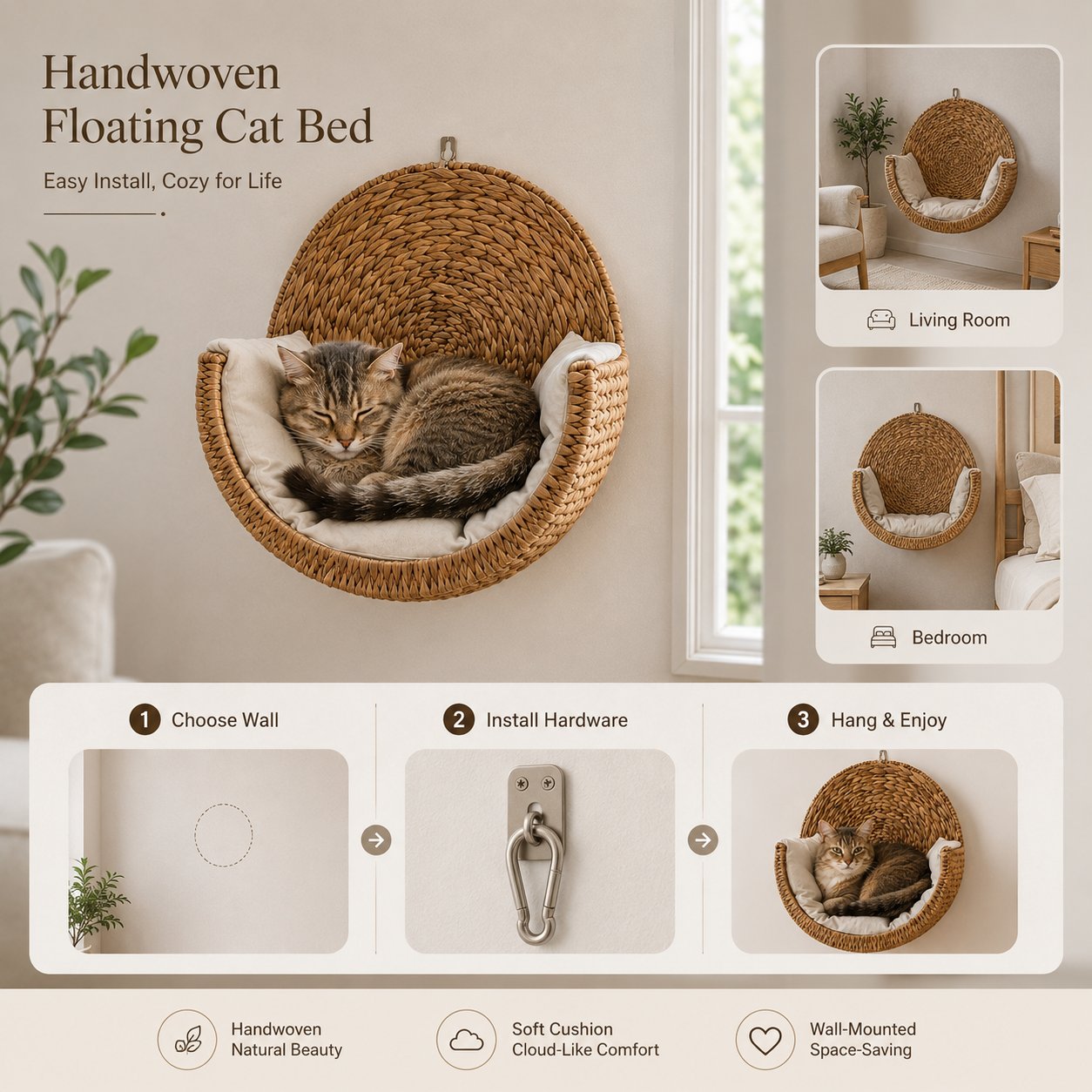 Free Ultra-Soft Removable Cushion with Today's Order🐱 Purrfectly Cozy Handwoven Hanging Cat Bed😻