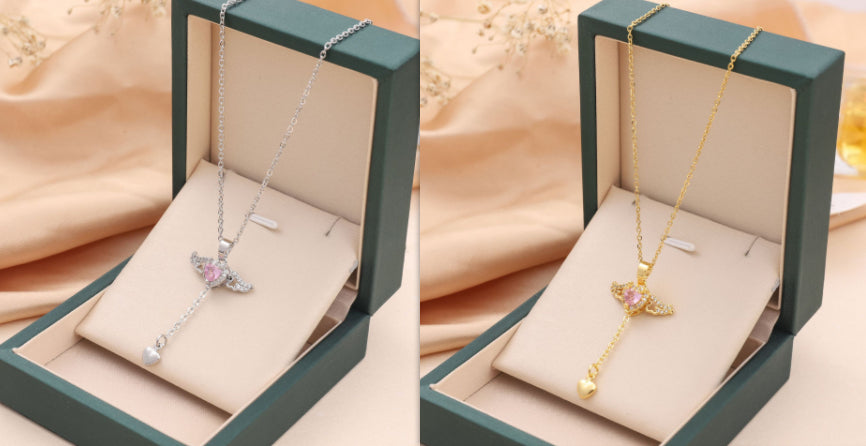 😇Angel Wings Heart Necklace for Women | Moving Cupid Crystal Pendant