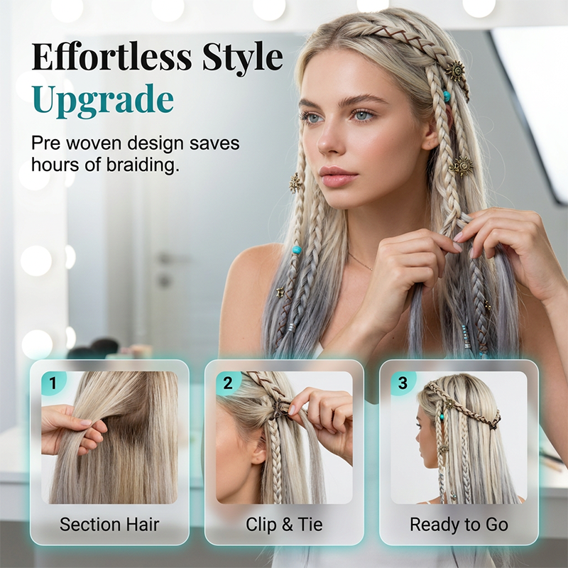  Boho Braided Hair Extensions - Pre-Woven with Vintage Charms