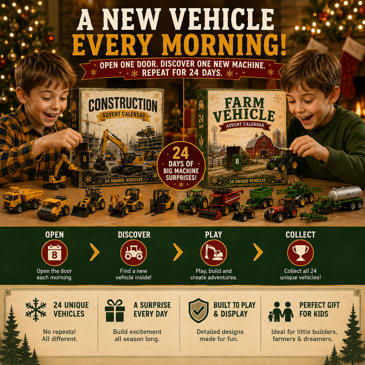 🌲Christmas Early Bird Special Sale 49% OFF ✨🚜 Build the Fleet Collection 24-Day Vehicle Advent Calendar Series | ✨ A New Adventure Every Morning