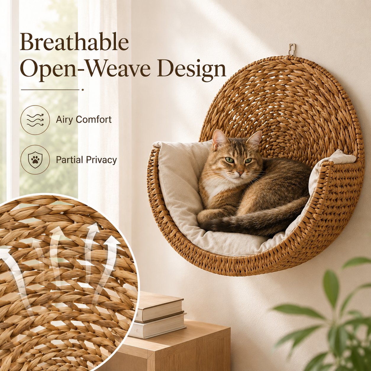 Free Ultra-Soft Removable Cushion with Today's Order🐱 Purrfectly Cozy Handwoven Hanging Cat Bed😻