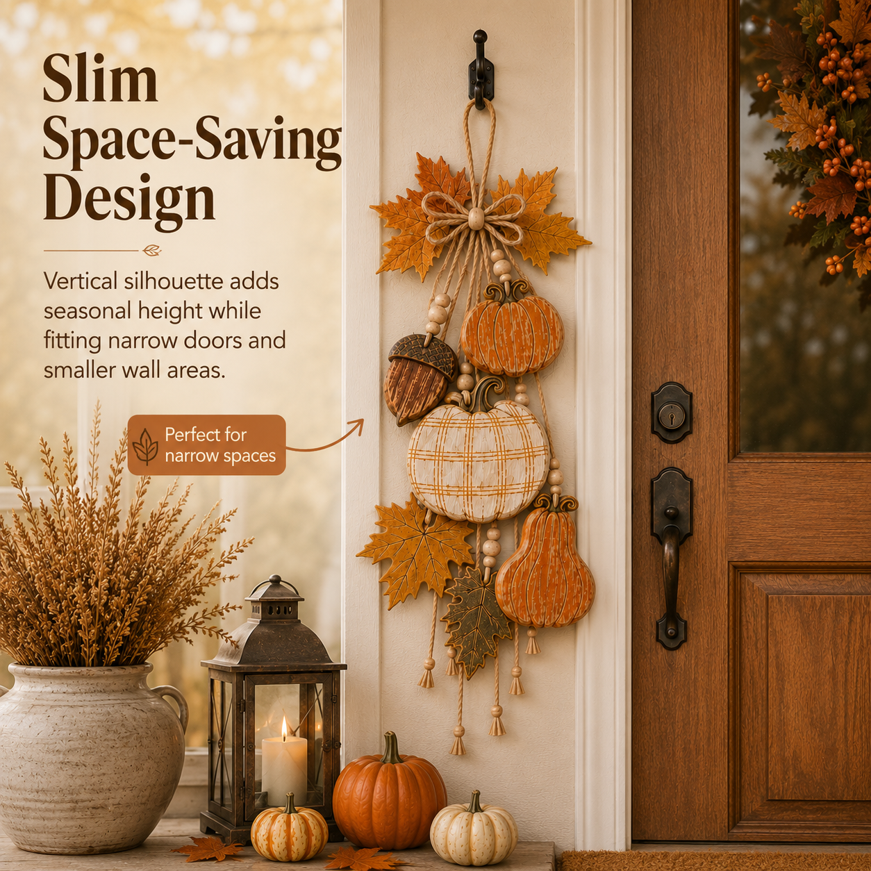 Rustic Wooden Stacked Pumpkin Door Hanger with Warm LED Lights – Fall Harvest Decor for Porch & Home