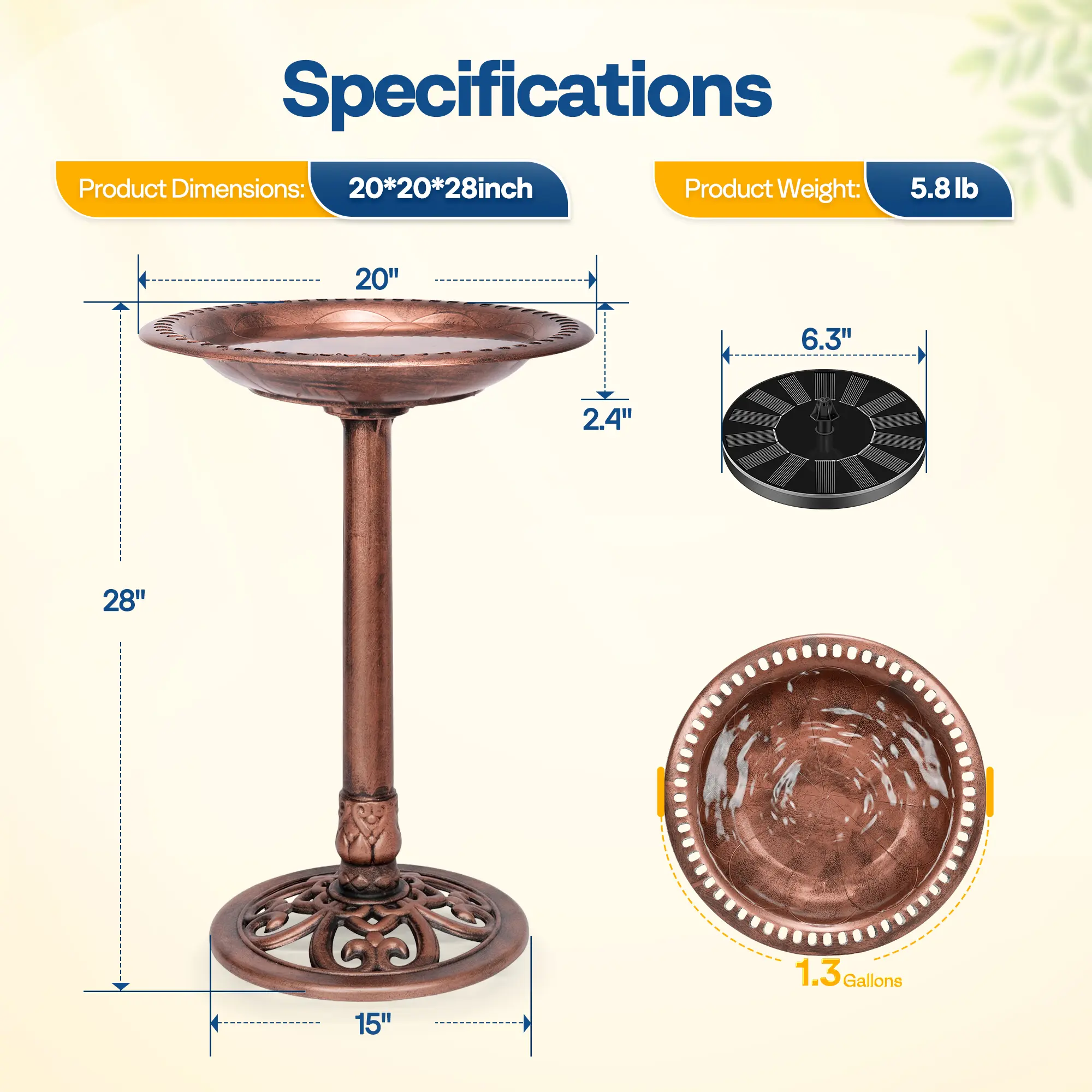 VIVOHOME Solar Powered Garden Bird Bath & Fountain Combo