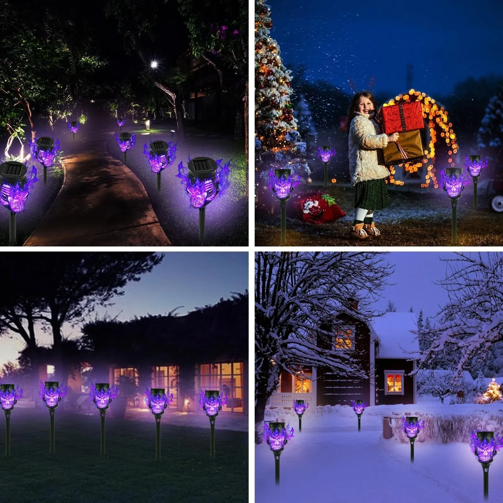 4/8 X Halloween Skulls Solar Pathway Lights Purple Torch Flame Lights for Garden