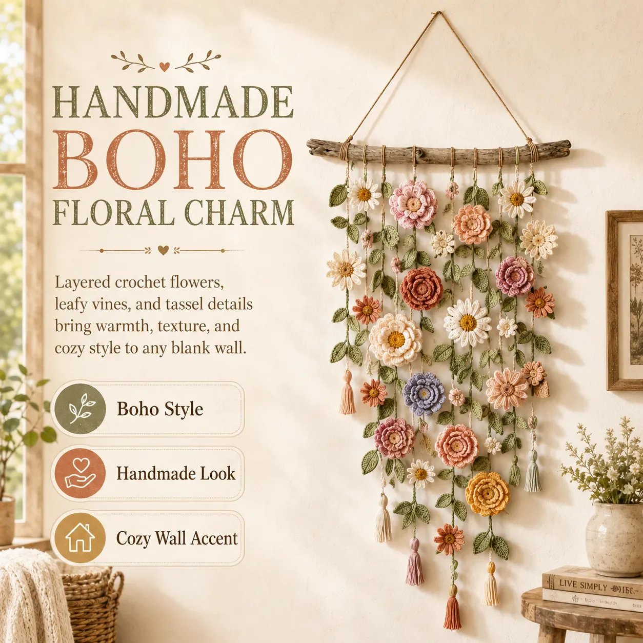 🌸 Last Day 50% OFF🌱 Boho Crochet Floral Wall Hanging 🌼Handmade with love.