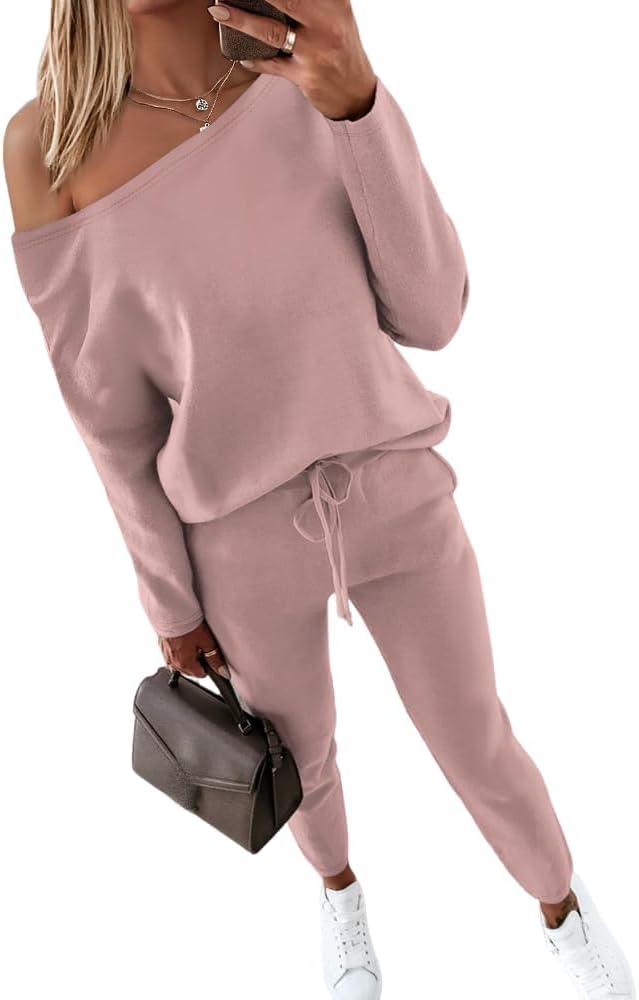 Women Tracksuit Fall 2 piece Outfits Off The Shoulder Long Sleeve Tops and Pants Set Travel Outfits