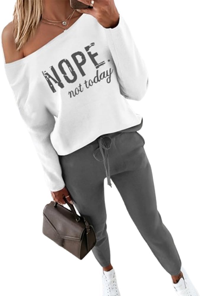 Women Tracksuit Fall 2 piece Outfits Off The Shoulder Long Sleeve Tops and Pants Set Travel Outfits