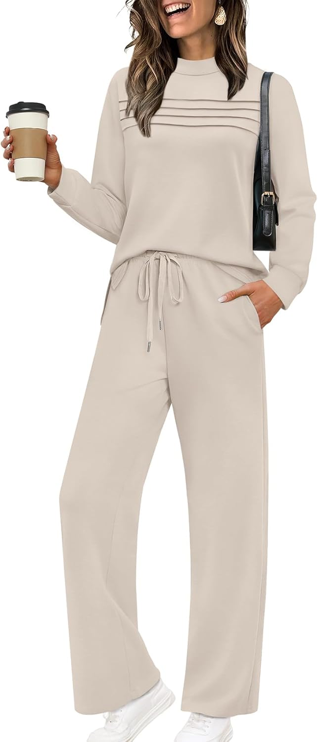 Two Piece Sets for Women Spring Travel Vacation Outfits 2026 Long Sleeve Lounge Sets Side Slit Wide Leg Pants S-3XL