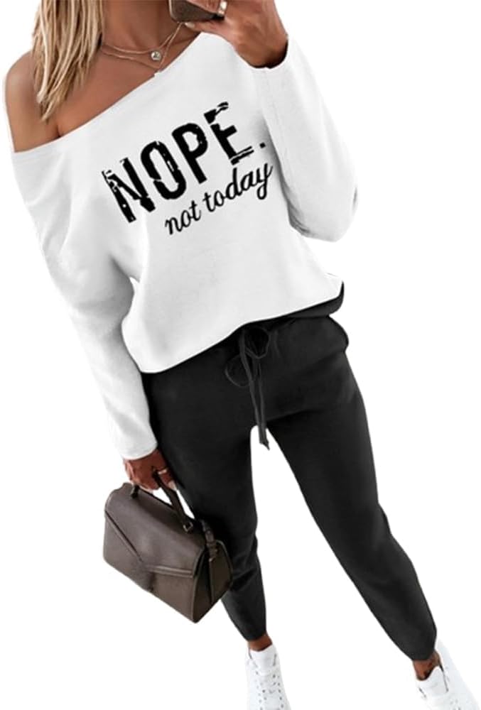 Women Tracksuit Fall 2 piece Outfits Off The Shoulder Long Sleeve Tops and Pants Set Travel Outfits
