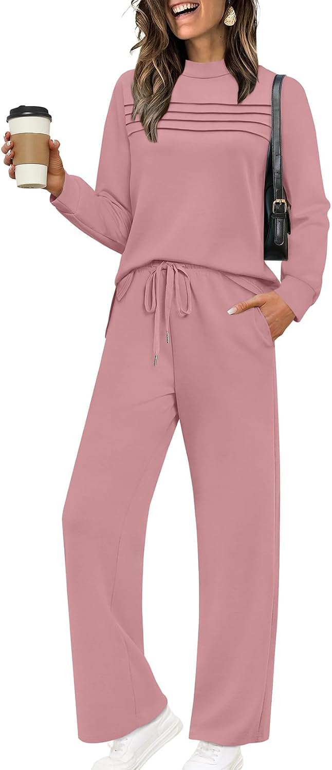 Two Piece Sets for Women Spring Travel Vacation Outfits 2026 Long Sleeve Lounge Sets Side Slit Wide Leg Pants S-3XL
