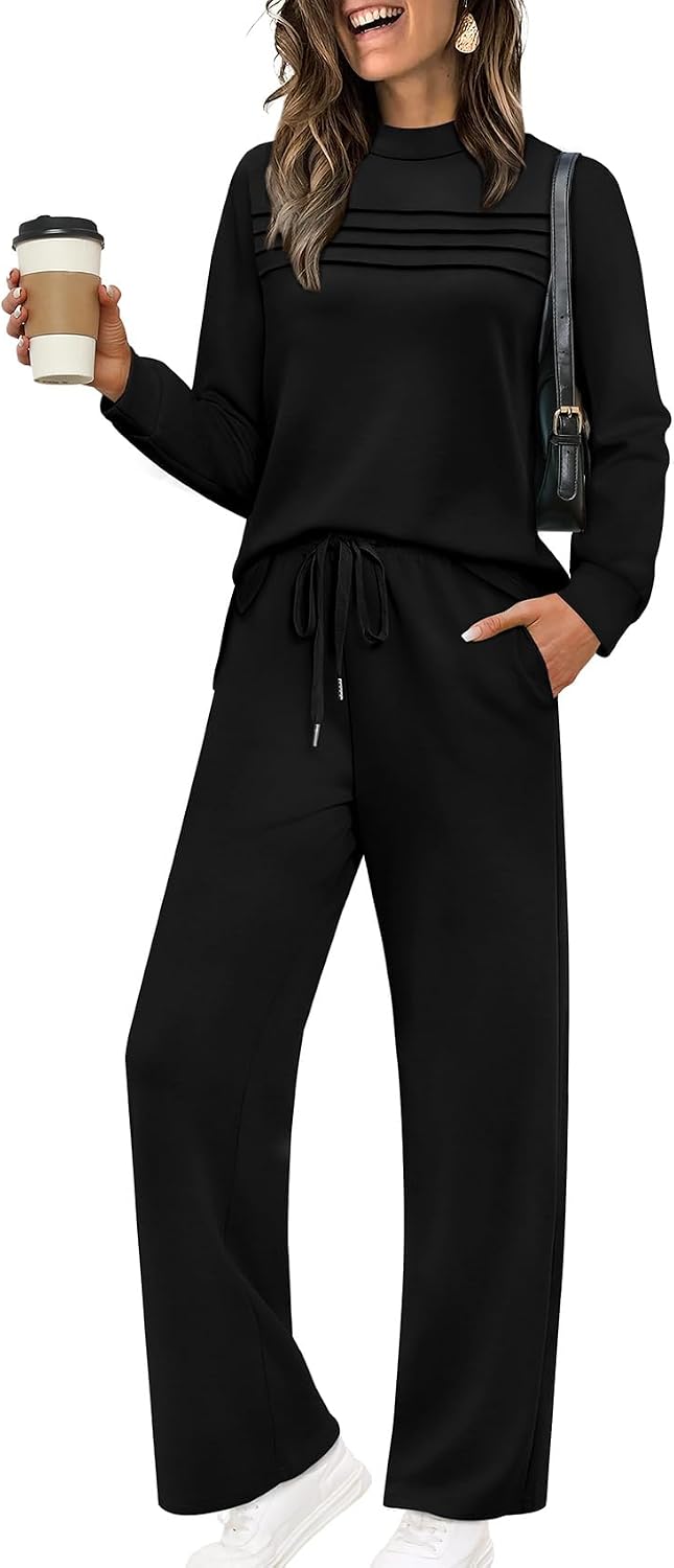 Two Piece Sets for Women Spring Travel Vacation Outfits 2026 Long Sleeve Lounge Sets Side Slit Wide Leg Pants S-3XL