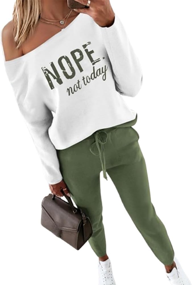 Women Tracksuit Fall 2 piece Outfits Off The Shoulder Long Sleeve Tops and Pants Set Travel Outfits