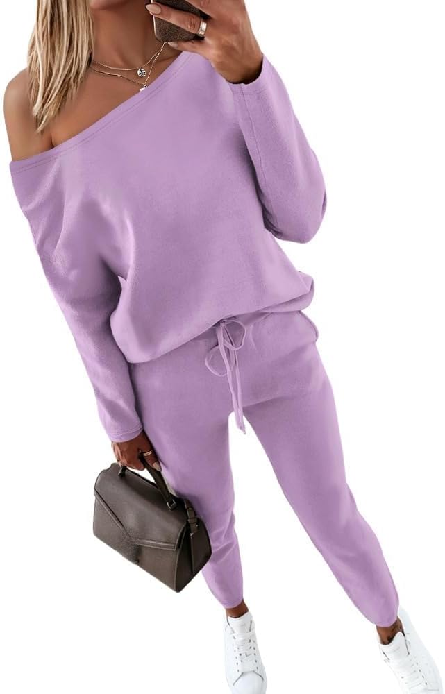 Women Tracksuit Fall 2 piece Outfits Off The Shoulder Long Sleeve Tops and Pants Set Travel Outfits