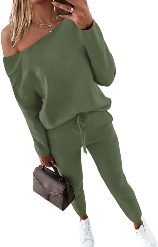 Women Tracksuit Fall 2 piece Outfits Off The Shoulder Long Sleeve Tops and Pants Set Travel Outfits