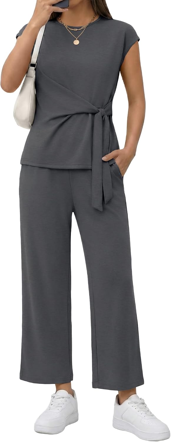 Two Piece Sets for Women Summer Outfits Cap Sleeve Belted Crop Top Wide Leg Pants Matching Set