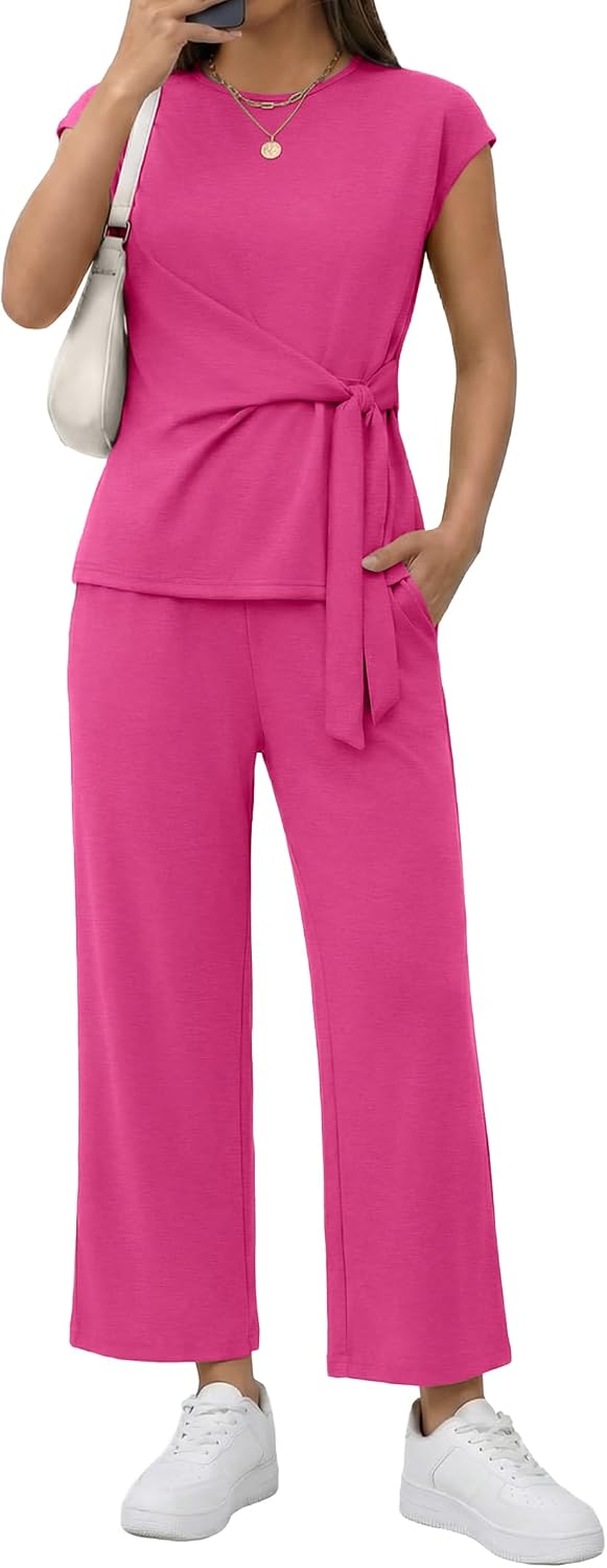 Two Piece Sets for Women Summer Outfits Cap Sleeve Belted Crop Top Wide Leg Pants Matching Set