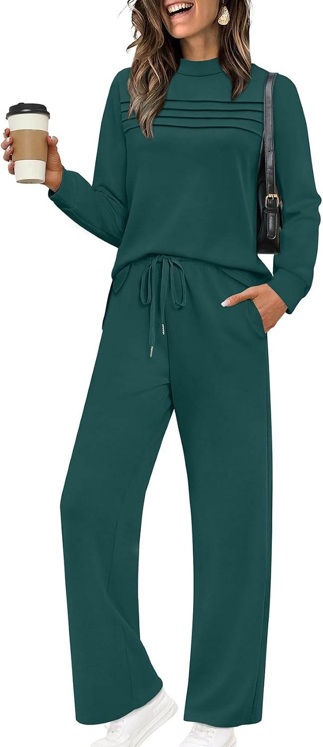 Two Piece Sets for Women Spring Travel Vacation Outfits 2026 Long Sleeve Lounge Sets Side Slit Wide Leg Pants S-3XL