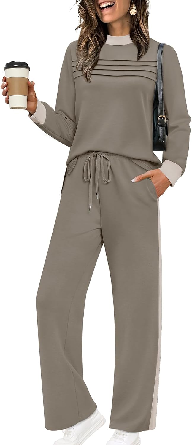 Two Piece Sets for Women Spring Travel Vacation Outfits 2026 Long Sleeve Lounge Sets Side Slit Wide Leg Pants S-3XL
