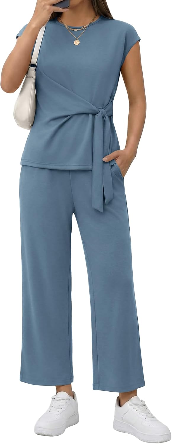 Two Piece Sets for Women Summer Outfits Cap Sleeve Belted Crop Top Wide Leg Pants Matching Set