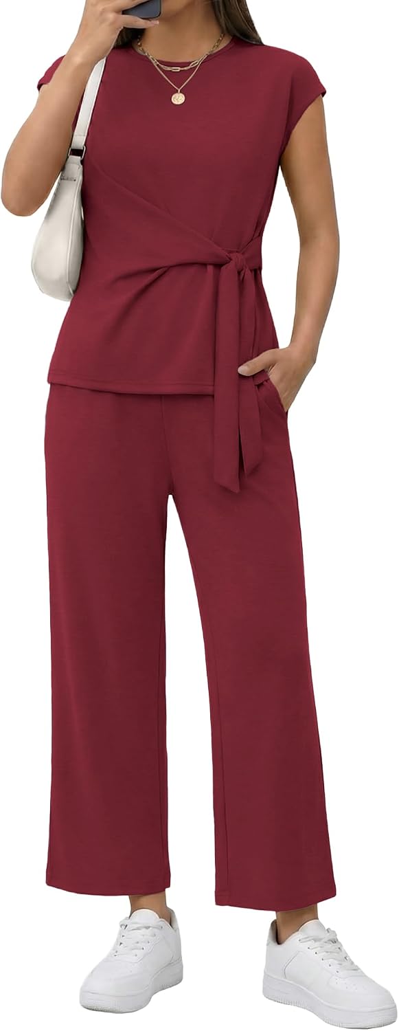 Two Piece Sets for Women Summer Outfits Cap Sleeve Belted Crop Top Wide Leg Pants Matching Set