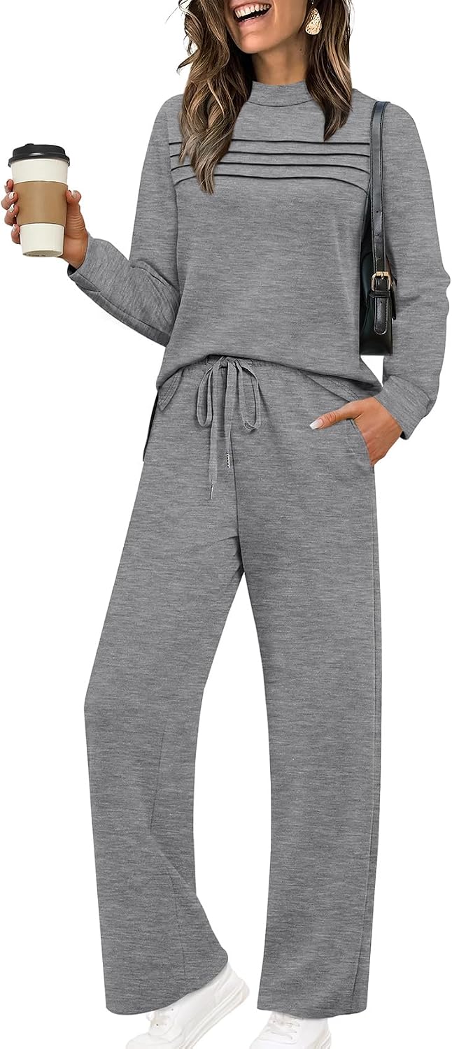 Two Piece Sets for Women Spring Travel Vacation Outfits 2026 Long Sleeve Lounge Sets Side Slit Wide Leg Pants S-3XL