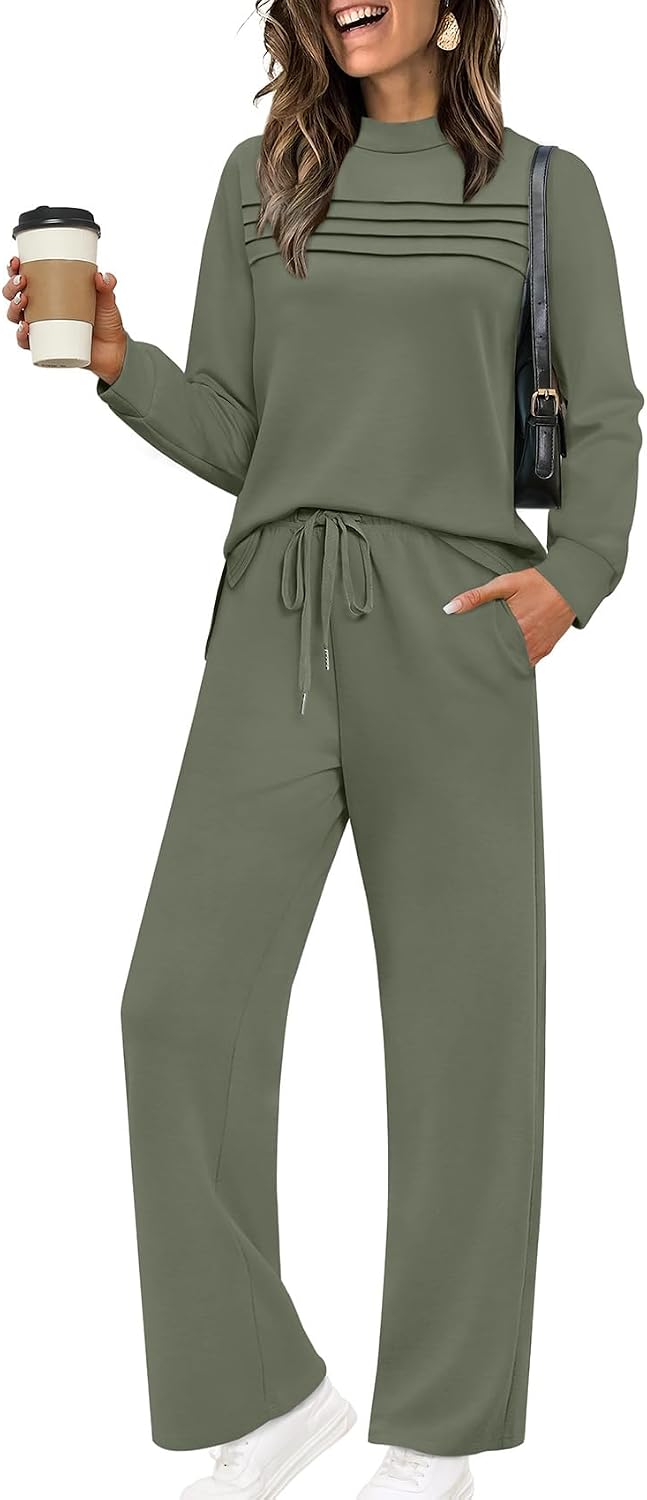 Two Piece Sets for Women Spring Travel Vacation Outfits 2026 Long Sleeve Lounge Sets Side Slit Wide Leg Pants S-3XL