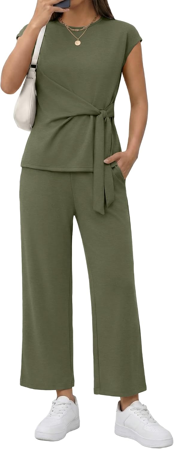 Two Piece Sets for Women Summer Outfits Cap Sleeve Belted Crop Top Wide Leg Pants Matching Set