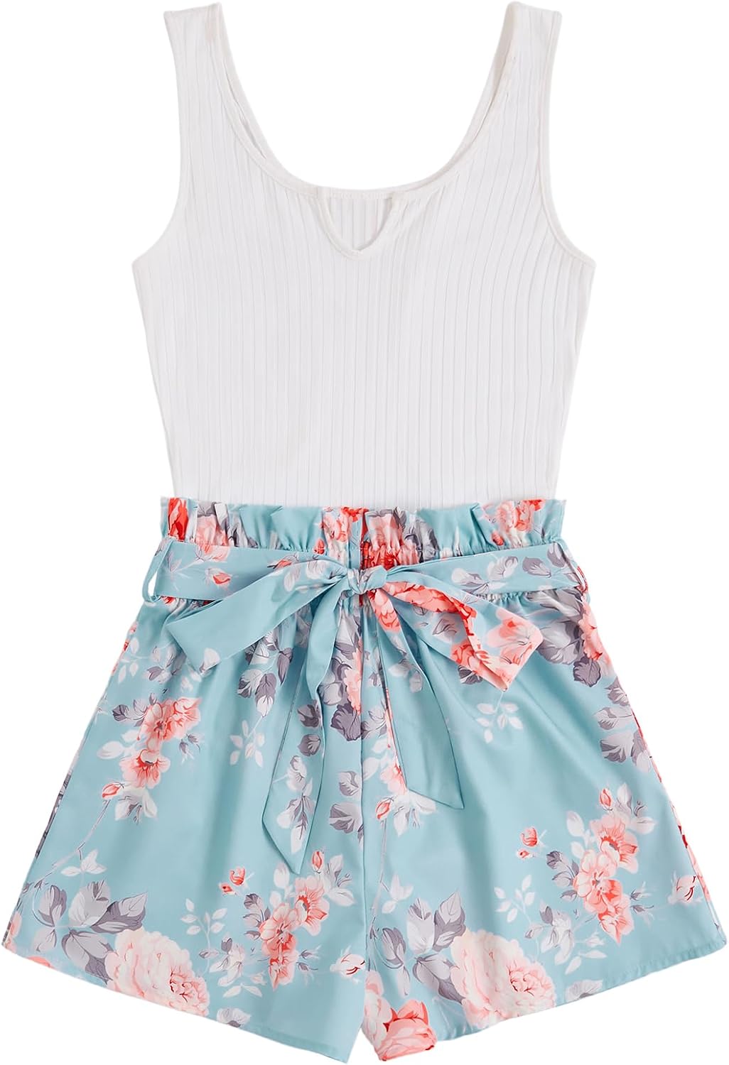 Women's Summer Sleeveless Belted Tank Romper Short Jumpsuit
