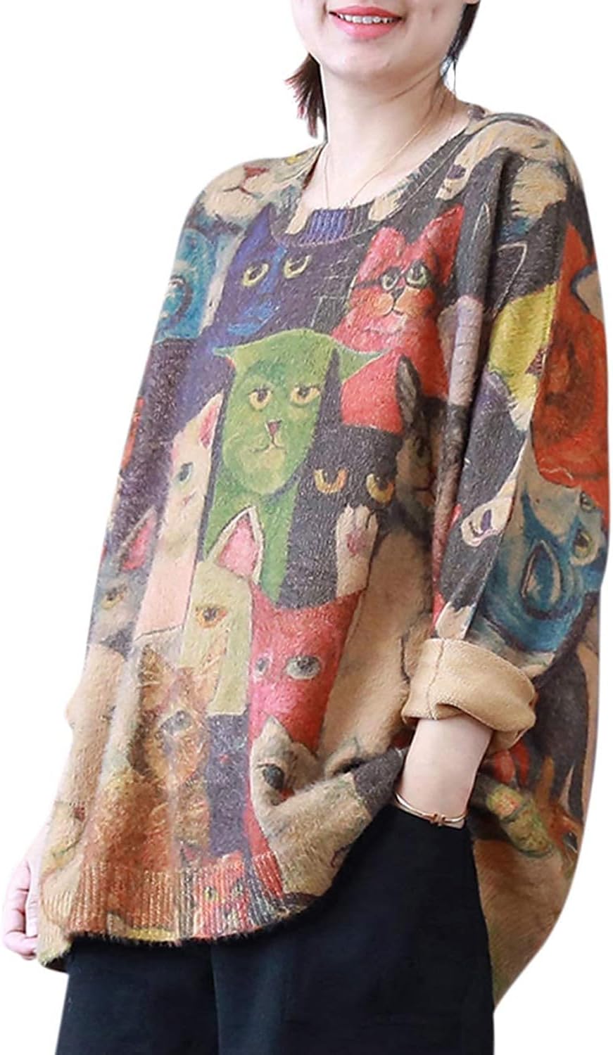  Women Christmas Sweater Graphic Printed Oversized Pullover Sweaters Casual Loose Knit Tops S01