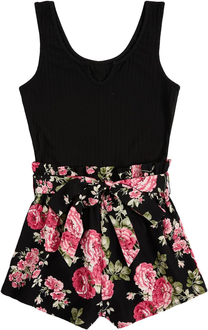 Women's Summer Sleeveless Belted Tank Romper Short Jumpsuit