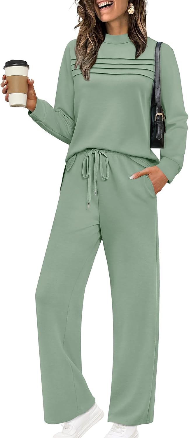 Two Piece Sets for Women Spring Travel Vacation Outfits 2026 Long Sleeve Lounge Sets Side Slit Wide Leg Pants S-3XL