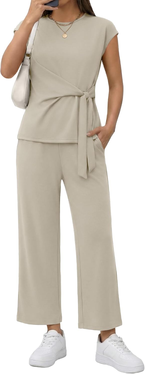 Two Piece Sets for Women Summer Outfits Cap Sleeve Belted Crop Top Wide Leg Pants Matching Set