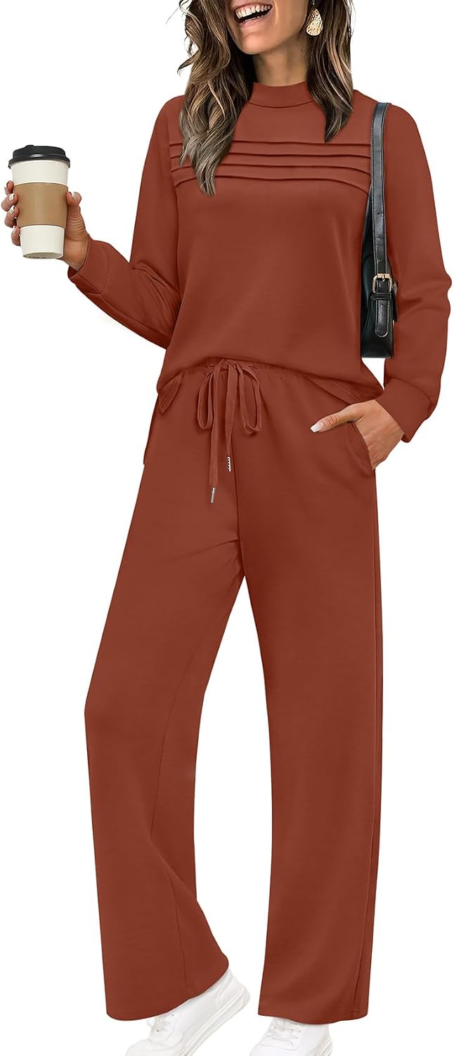 Two Piece Sets for Women Spring Travel Vacation Outfits 2026 Long Sleeve Lounge Sets Side Slit Wide Leg Pants S-3XL